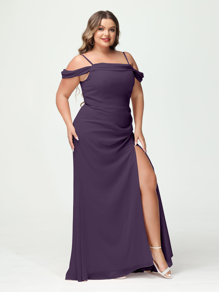 Sheath/Column Spaghetti Straps Off-the-Shoulder Chiffon Split Side Plus Size Bridesmaid Dresses Grape
