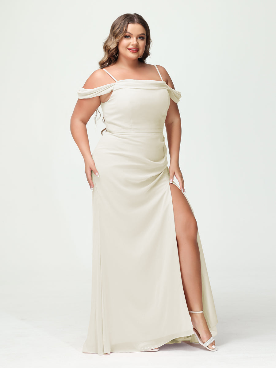 Sheath/Column Spaghetti Straps Off-the-Shoulder Chiffon Split Side Plus Size Bridesmaid Dresses Ivory