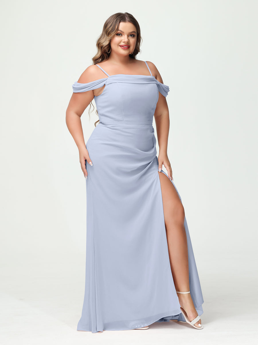 Sheath/Column Spaghetti Straps Off-the-Shoulder Chiffon Split Side Plus Size Bridesmaid Dresses Lavender