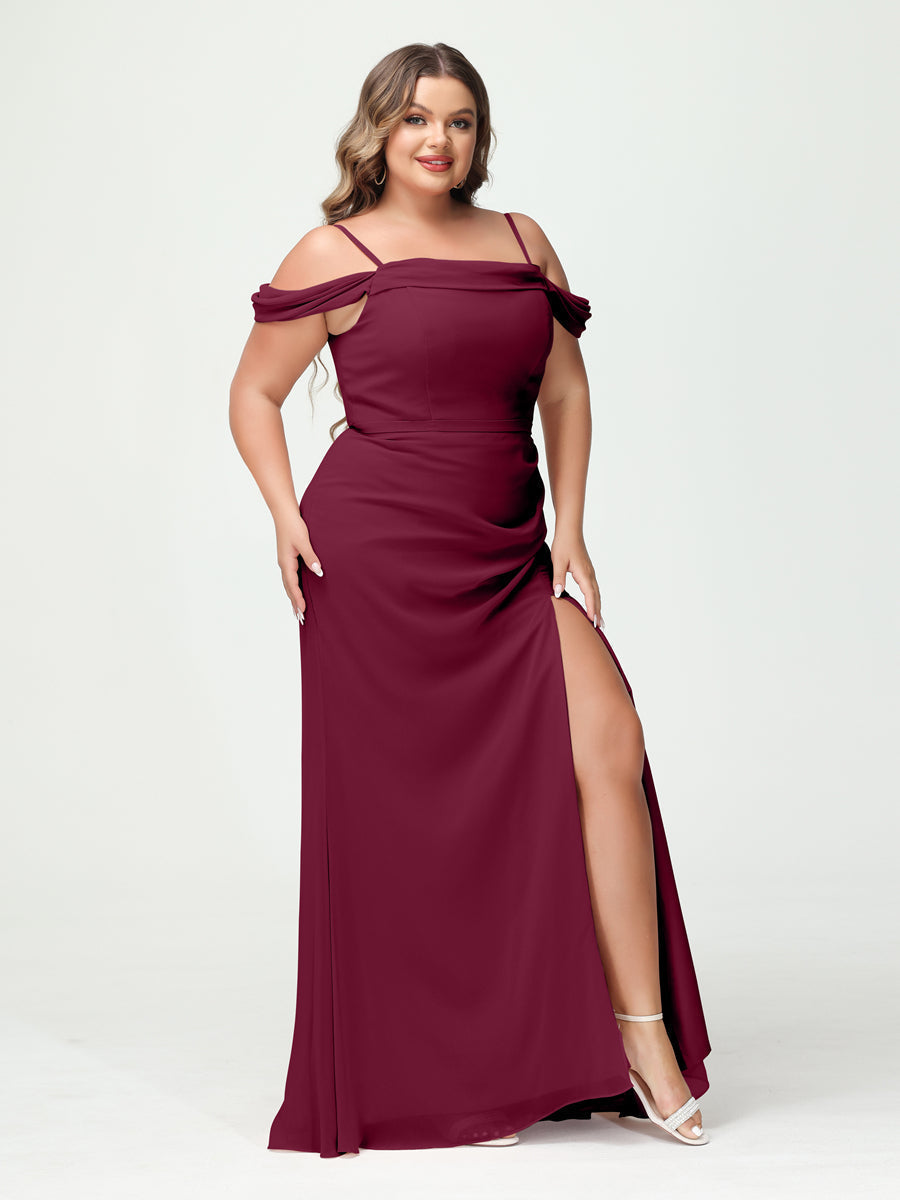 Sheath/Column Spaghetti Straps Off-the-Shoulder Chiffon Split Side Plus Size Bridesmaid Dresses Light Burgundy