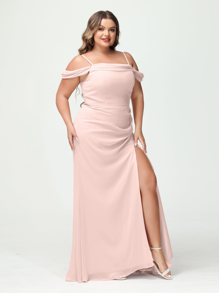 Sheath/Column Spaghetti Straps Off-the-Shoulder Chiffon Split Side Plus Size Bridesmaid Dresses Coral