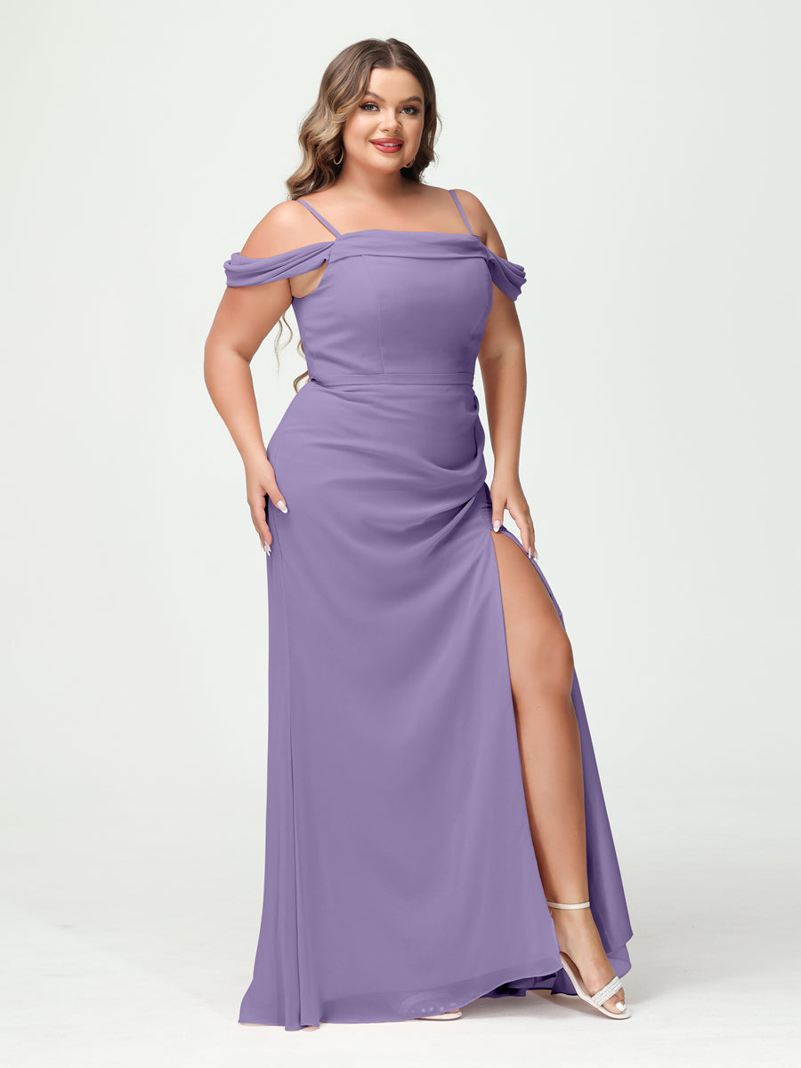 Sheath/Column Spaghetti Straps Off-the-Shoulder Chiffon Split Side Plus Size Bridesmaid Dresses Light Purple