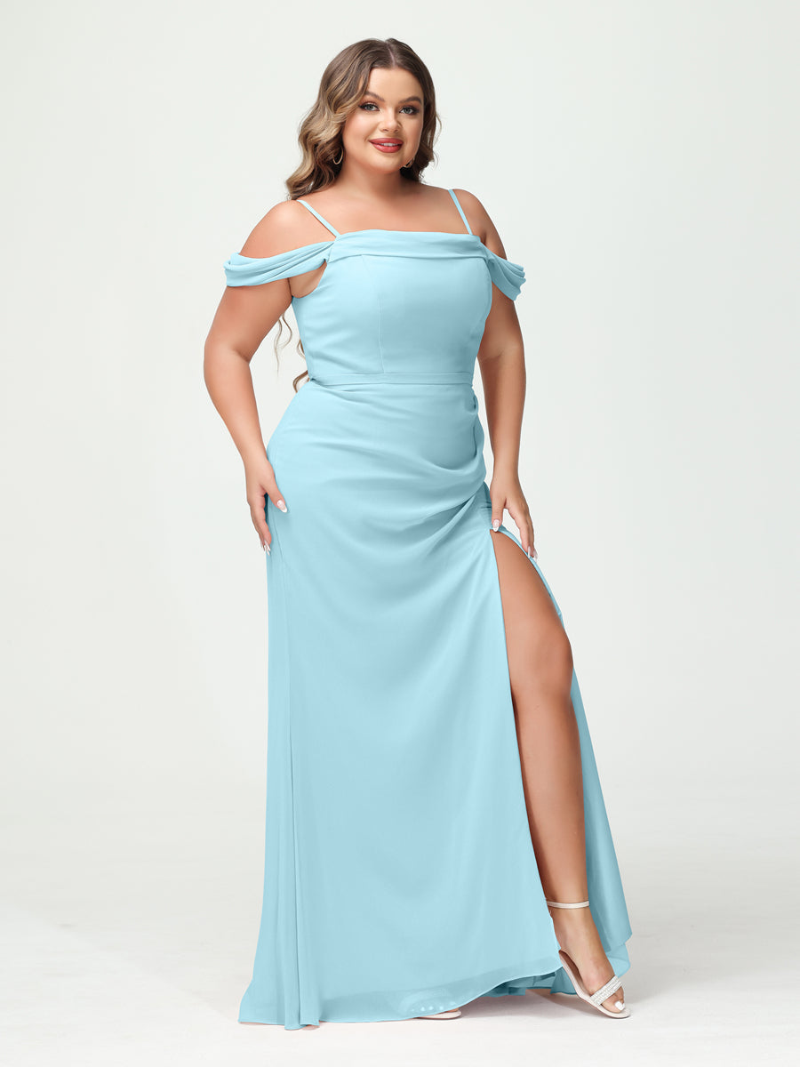 Sheath/Column Spaghetti Straps Off-the-Shoulder Chiffon Split Side Plus Size Bridesmaid Dresses Light Sky Blue
