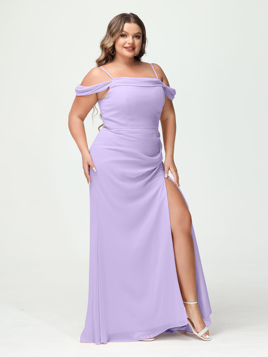 Sheath/Column Spaghetti Straps Off-the-Shoulder Chiffon Split Side Plus Size Bridesmaid Dresses Lilac