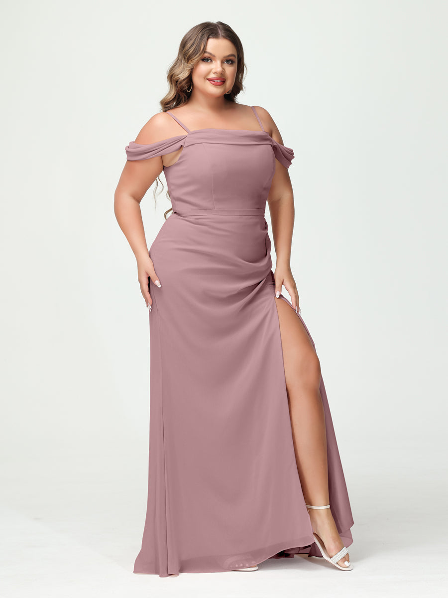 Sheath/Column Spaghetti Straps Off-the-Shoulder Chiffon Split Side Plus Size Bridesmaid Dresses Mauve