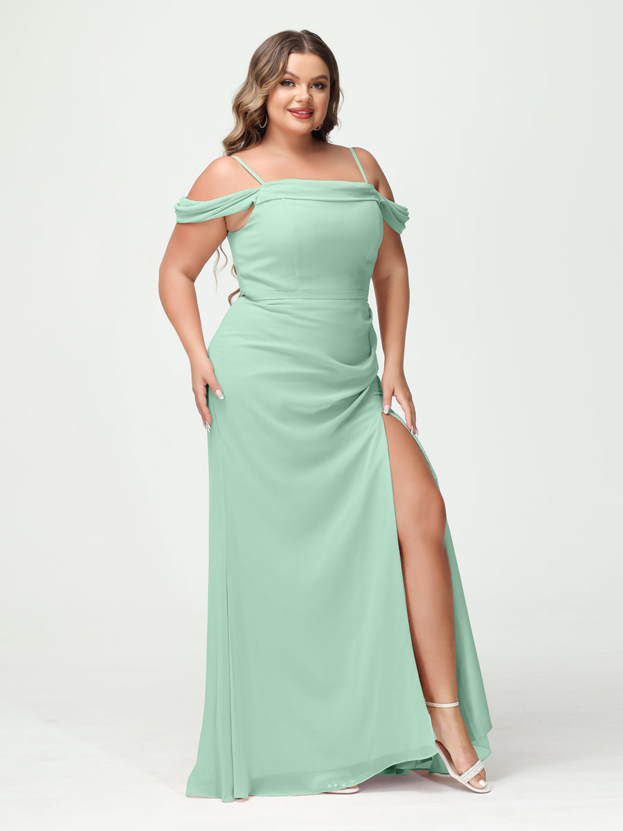 Sheath/Column Spaghetti Straps Off-the-Shoulder Chiffon Split Side Plus Size Bridesmaid Dresses Mint Green