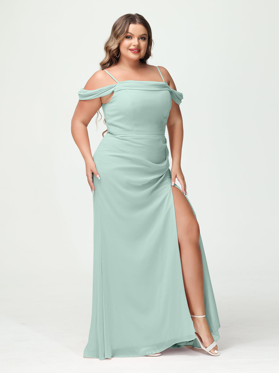 Sheath/Column Spaghetti Straps Off-the-Shoulder Chiffon Split Side Plus Size Bridesmaid Dresses Mist Blue
