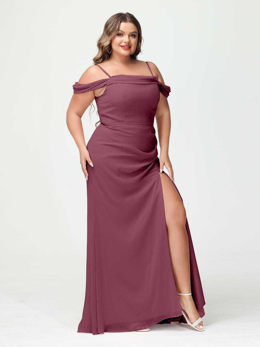 Sheath/Column Spaghetti Straps Off-the-Shoulder Chiffon Split Side Plus Size Bridesmaid Dresses Mulberry