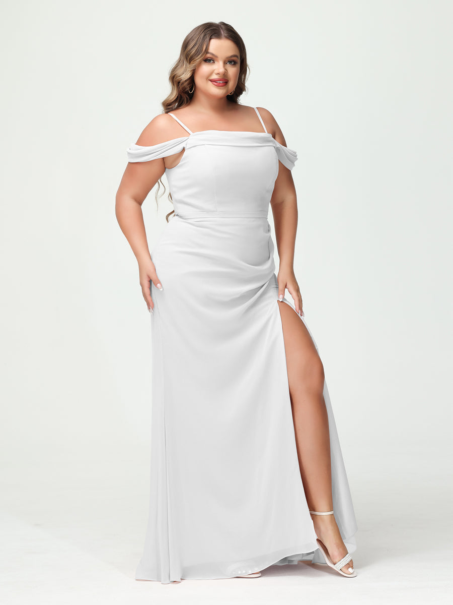 Sheath/Column Spaghetti Straps Off-the-Shoulder Chiffon Split Side Plus Size Bridesmaid Dresses Off White