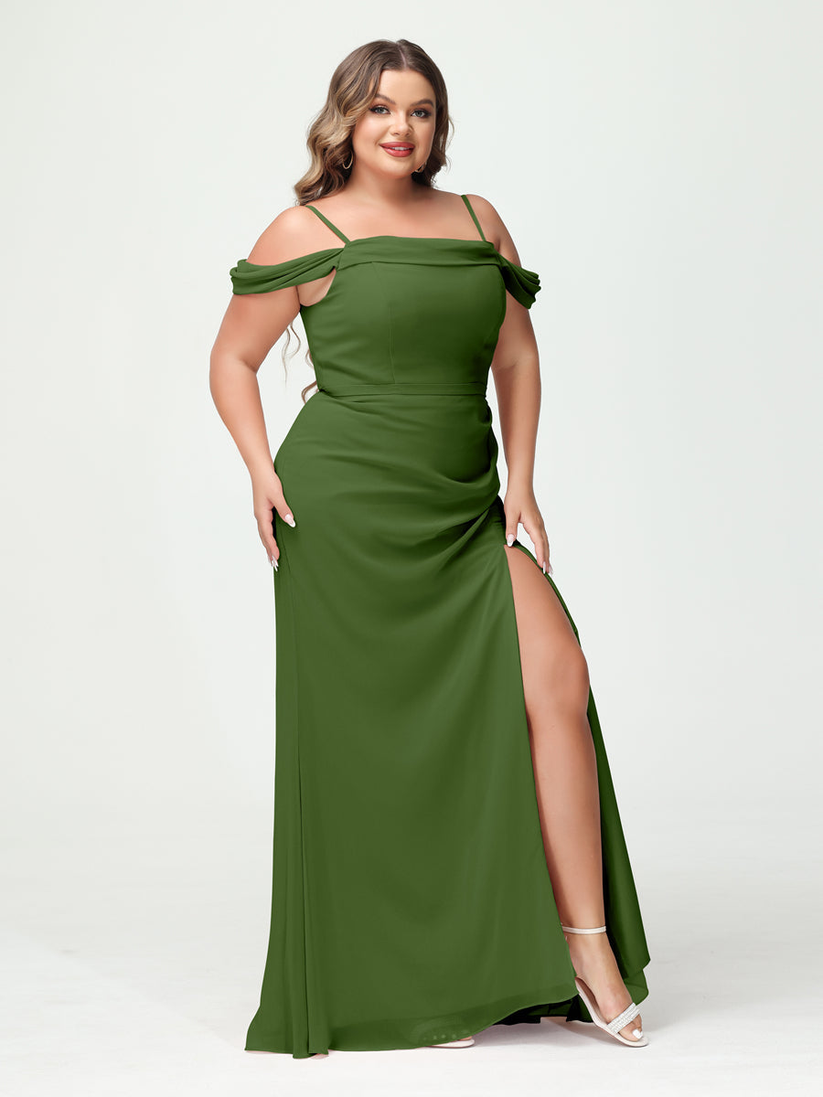Sheath/Column Spaghetti Straps Off-the-Shoulder Chiffon Split Side Plus Size Bridesmaid Dresses Olive Green