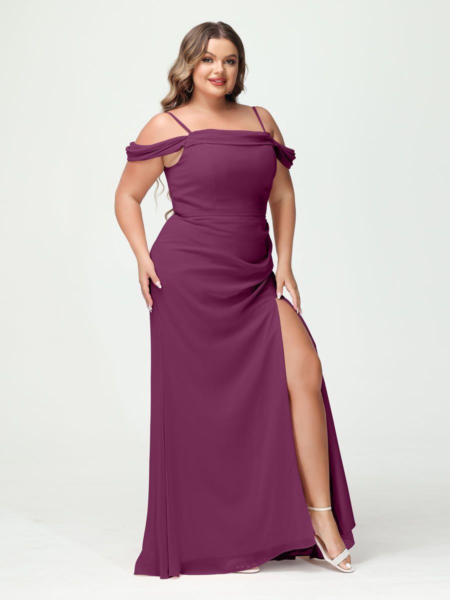 Sheath/Column Spaghetti Straps Off-the-Shoulder Chiffon Split Side Plus Size Bridesmaid Dresses Orchid