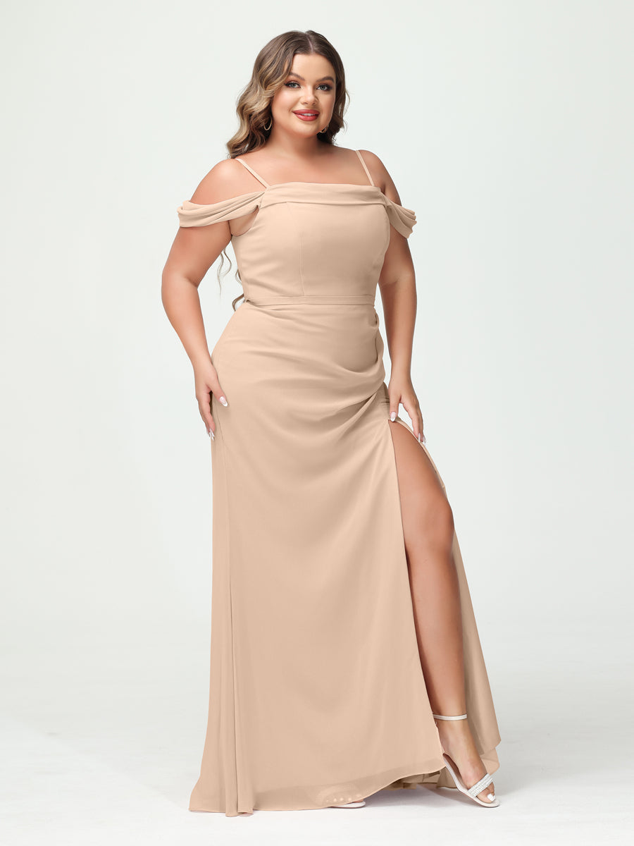 Sheath/Column Spaghetti Straps Off-the-Shoulder Chiffon Split Side Plus Size Bridesmaid Dresses Peach Pink