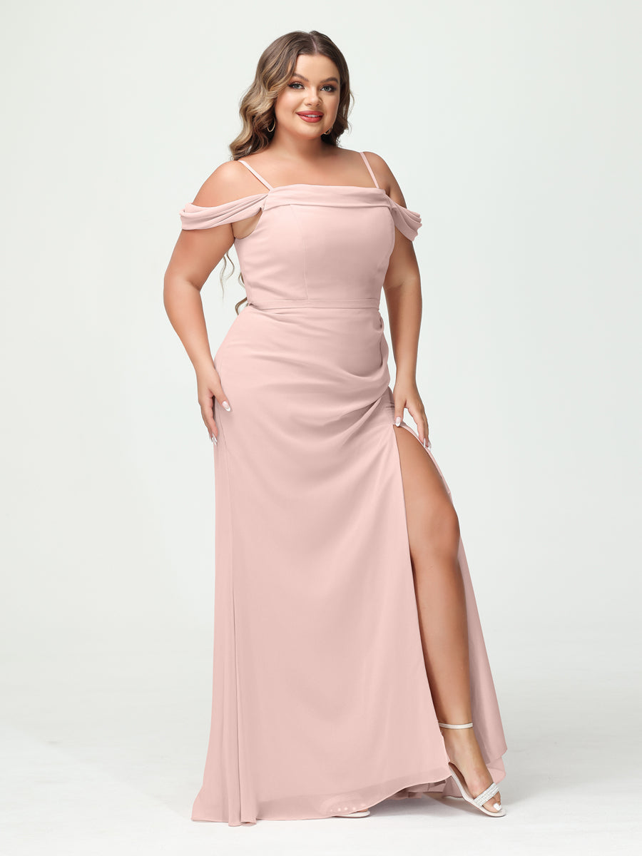 Sheath/Column Spaghetti Straps Off-the-Shoulder Chiffon Split Side Plus Size Bridesmaid Dresses Pearl Pink