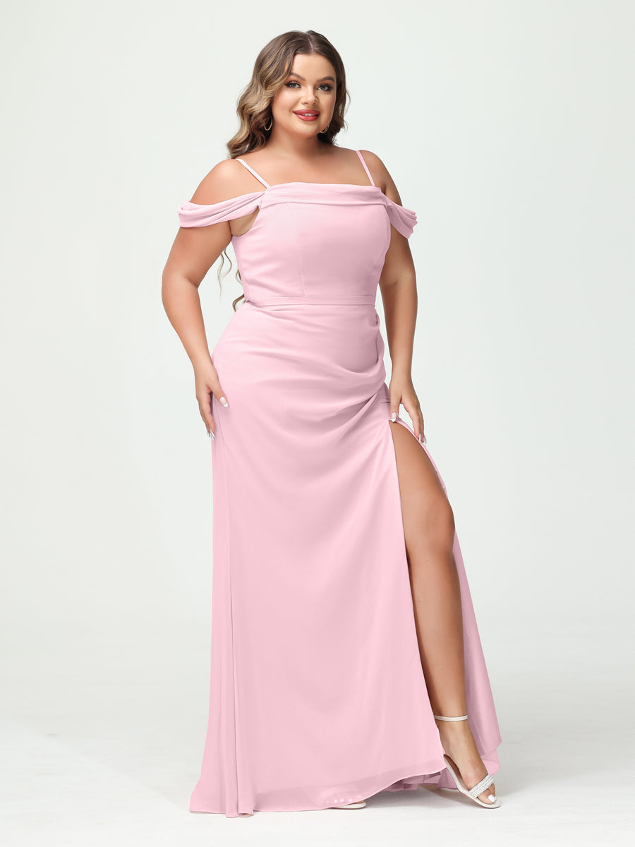 Sheath/Column Spaghetti Straps Off-the-Shoulder Chiffon Split Side Plus Size Bridesmaid Dresses Pink
