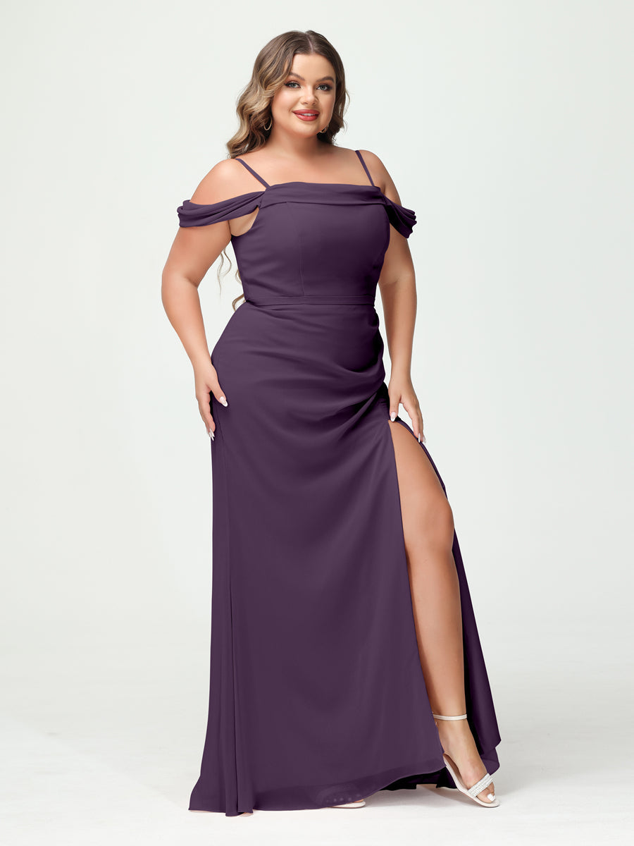 Sheath/Column Spaghetti Straps Off-the-Shoulder Chiffon Split Side Plus Size Bridesmaid Dresses Plum