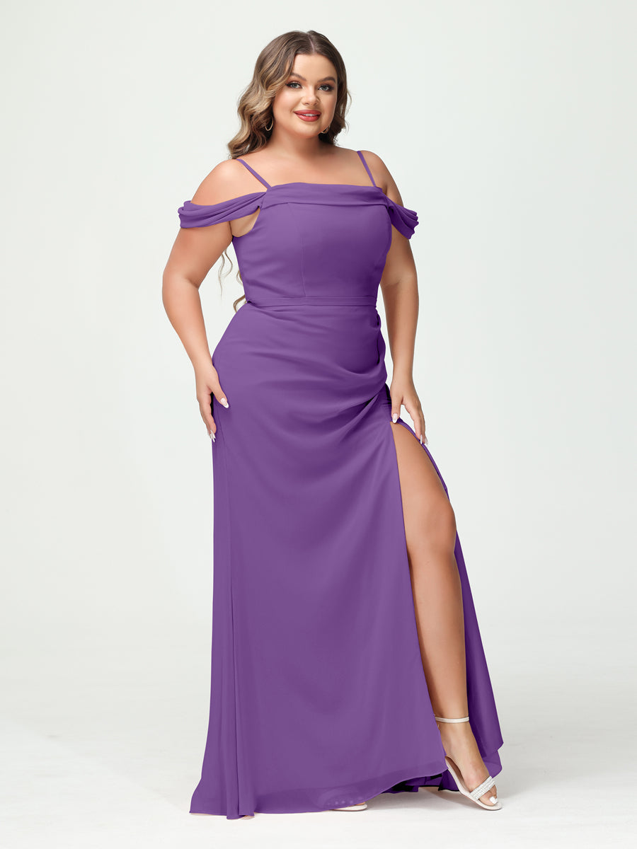 Sheath/Column Spaghetti Straps Off-the-Shoulder Chiffon Split Side Plus Size Bridesmaid Dresses Purple