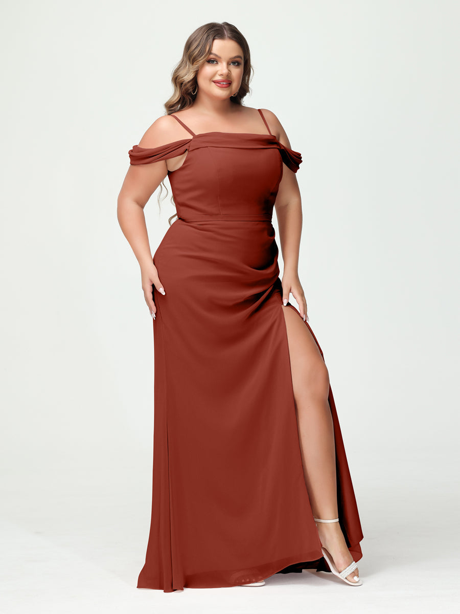 Sheath/Column Spaghetti Straps Off-the-Shoulder Chiffon Split Side Plus Size Bridesmaid Dresses Rust