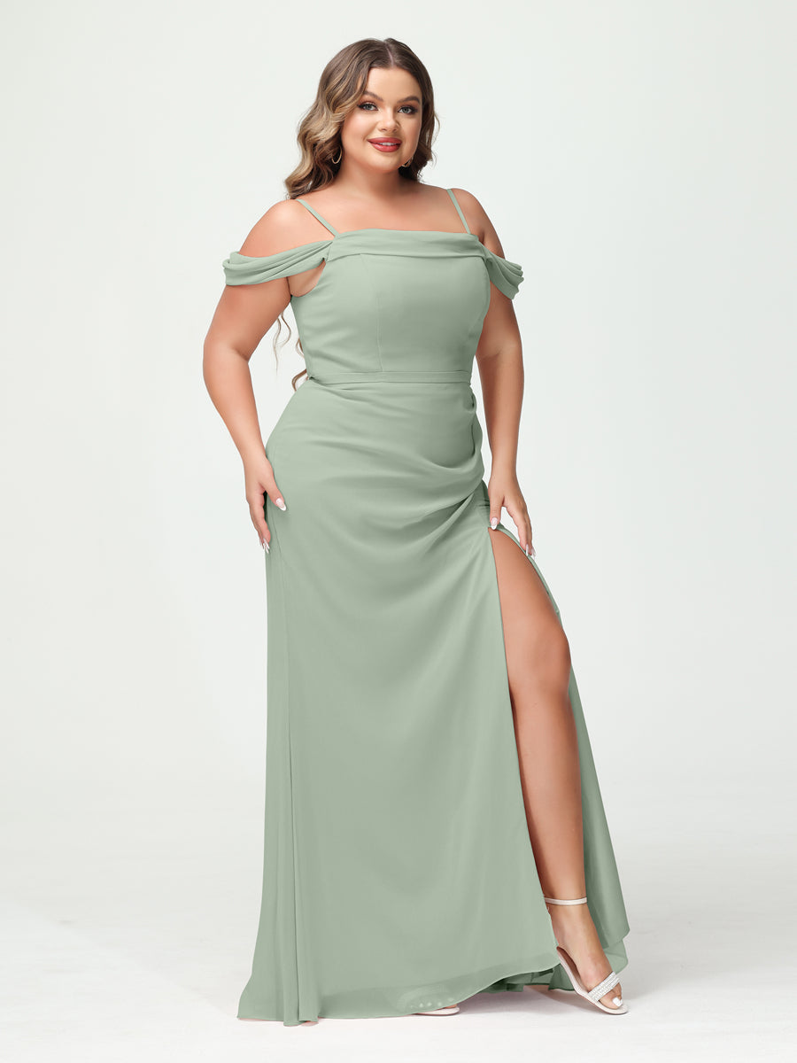 Sheath/Column Spaghetti Straps Off-the-Shoulder Chiffon Split Side Plus Size Bridesmaid Dresses Sage