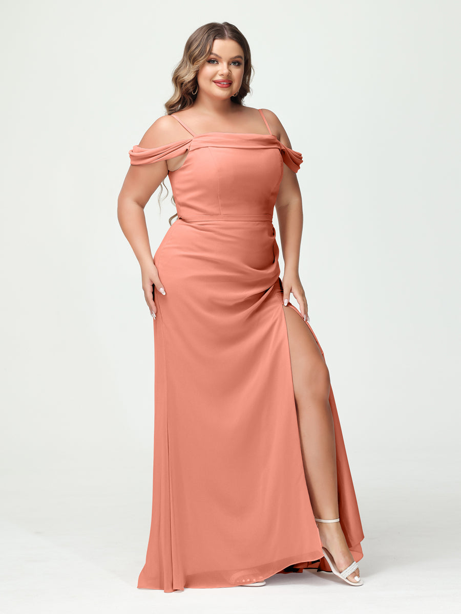 Sheath/Column Spaghetti Straps Off-the-Shoulder Chiffon Split Side Plus Size Bridesmaid Dresses Salmon