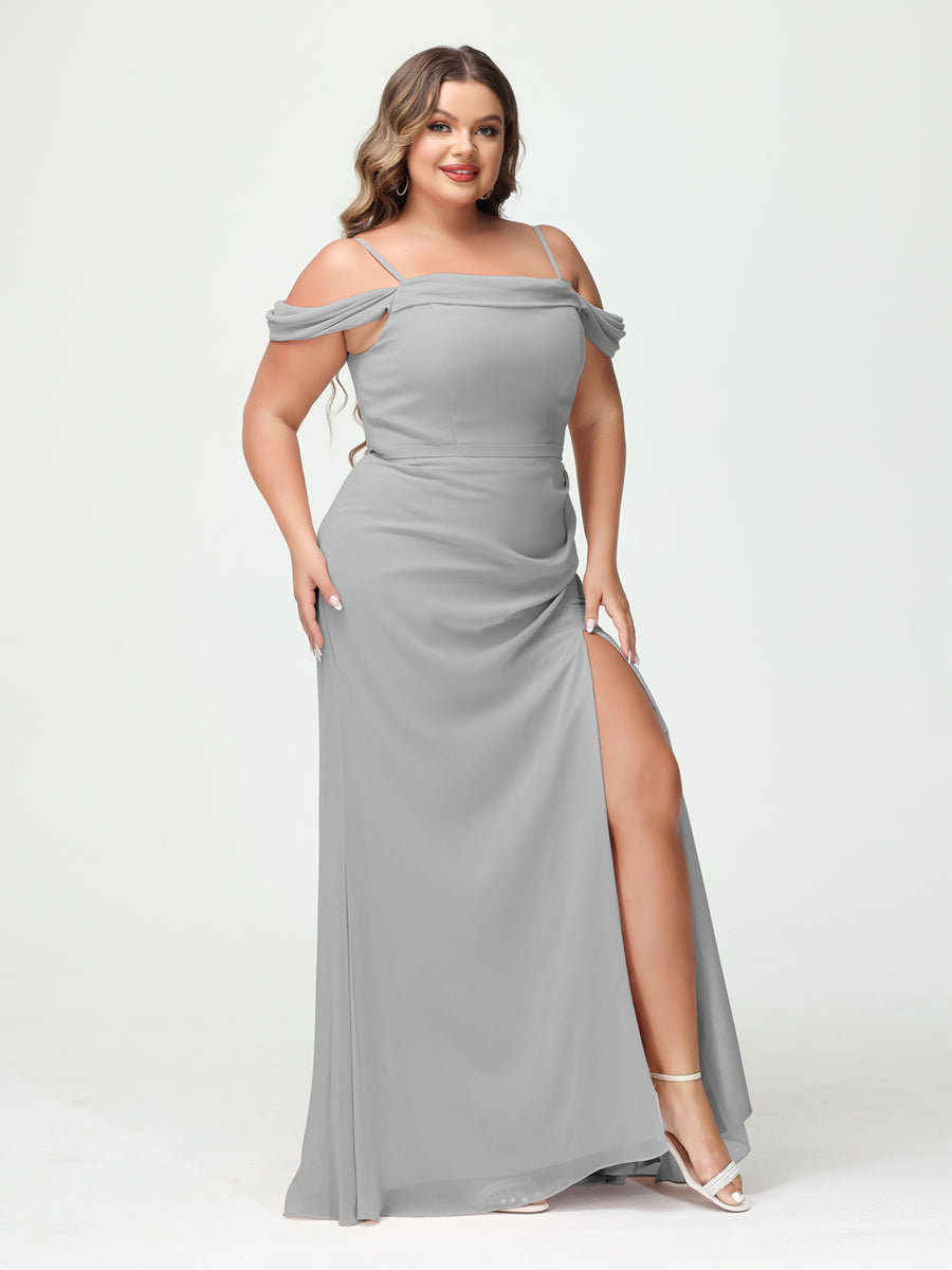 Sheath/Column Spaghetti Straps Off-the-Shoulder Chiffon Split Side Plus Size Bridesmaid Dresses Silver