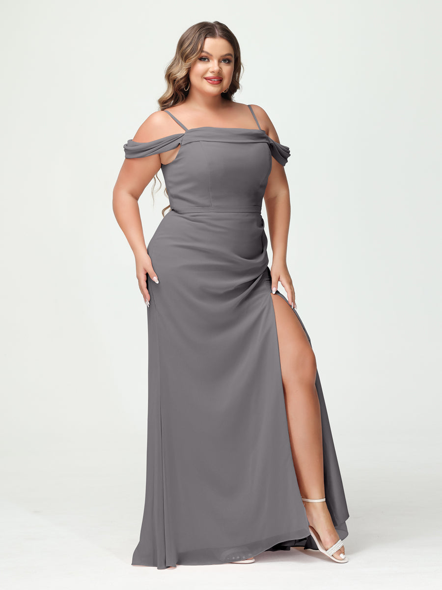 Sheath/Column Spaghetti Straps Off-the-Shoulder Chiffon Split Side Plus Size Bridesmaid Dresses Silver Gray