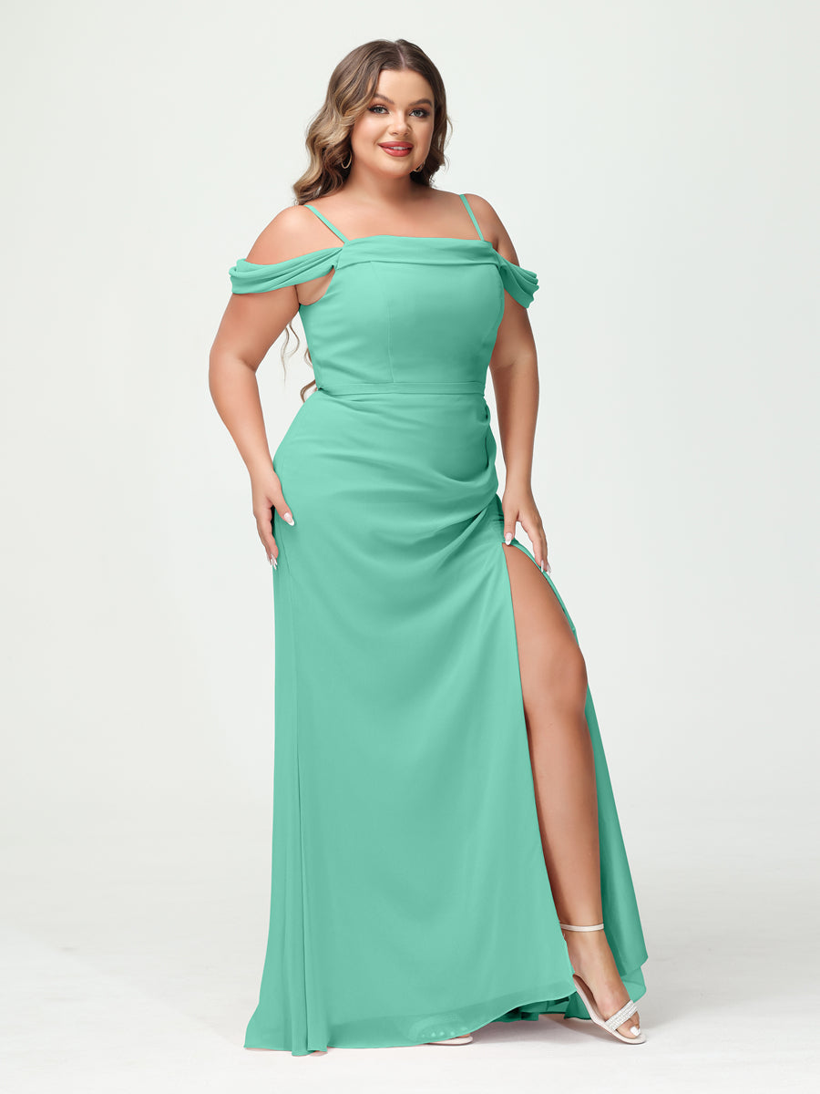Sheath/Column Spaghetti Straps Off-the-Shoulder Chiffon Split Side Plus Size Bridesmaid Dresses Spa