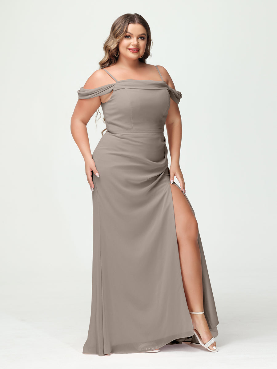Sheath/Column Spaghetti Straps Off-the-Shoulder Chiffon Split Side Plus Size Bridesmaid Dresses Taupe