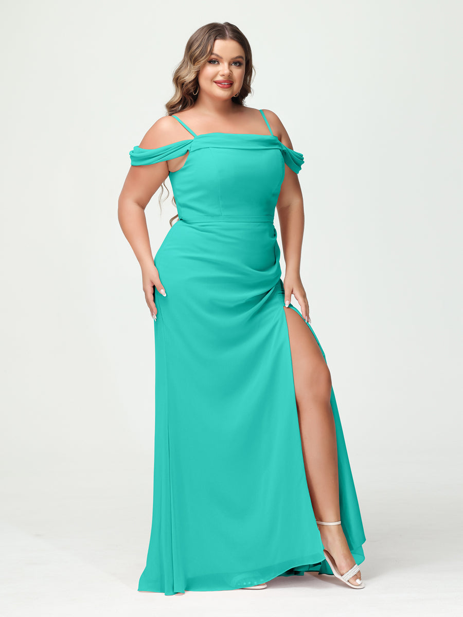 Sheath/Column Spaghetti Straps Off-the-Shoulder Chiffon Split Side Plus Size Bridesmaid Dresses Turquoise