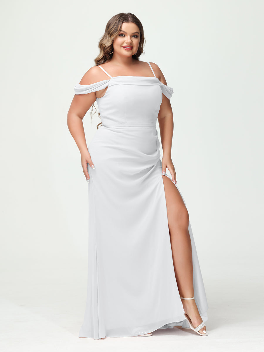 Sheath/Column Spaghetti Straps Off-the-Shoulder Chiffon Split Side Plus Size Bridesmaid Dresses White