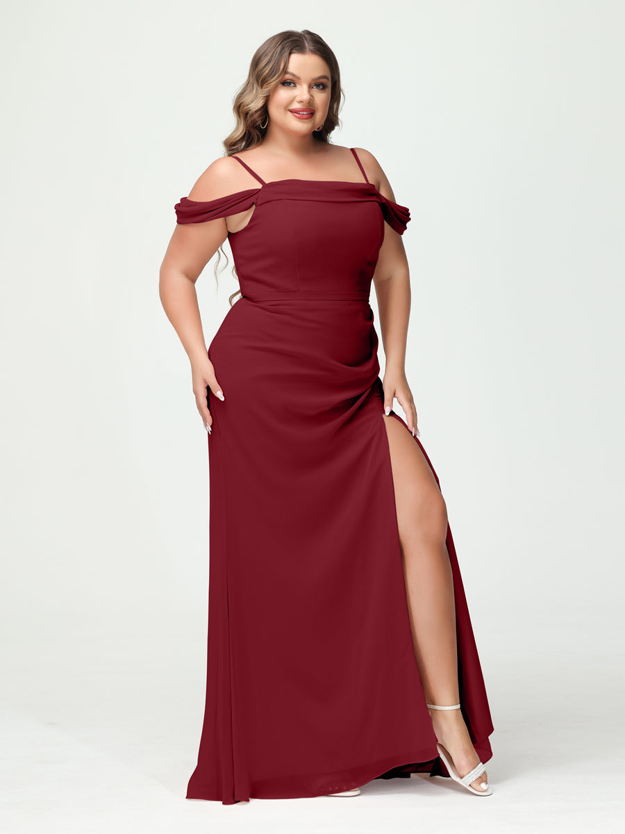 Sheath/Column Spaghetti Straps Off-the-Shoulder Chiffon Split Side Plus Size Bridesmaid Dresses Wine Red