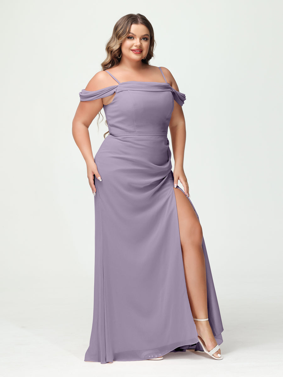 Sheath/Column Spaghetti Straps Off-the-Shoulder Chiffon Split Side Plus Size Bridesmaid Dresses Wisteria