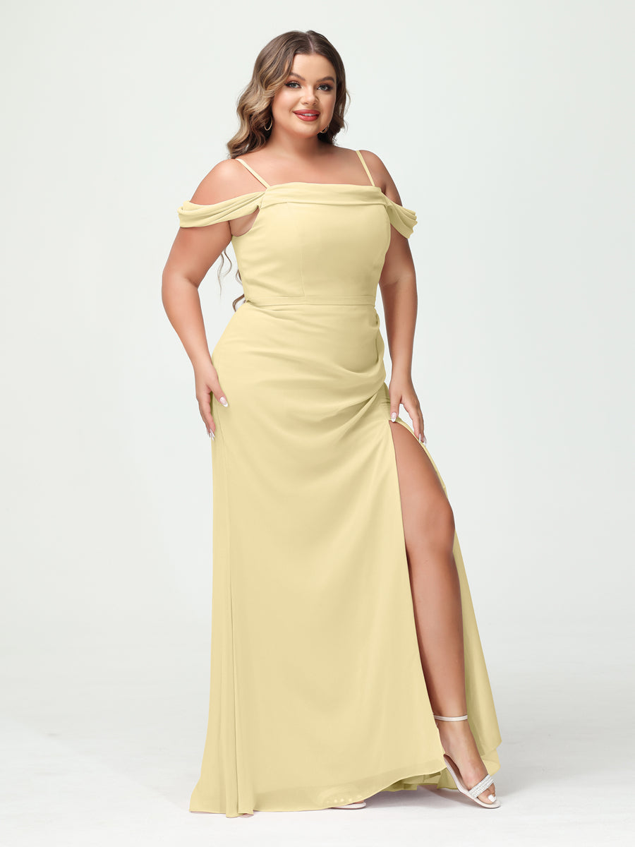 Sheath/Column Spaghetti Straps Off-the-Shoulder Chiffon Split Side Plus Size Bridesmaid Dresses Yellow