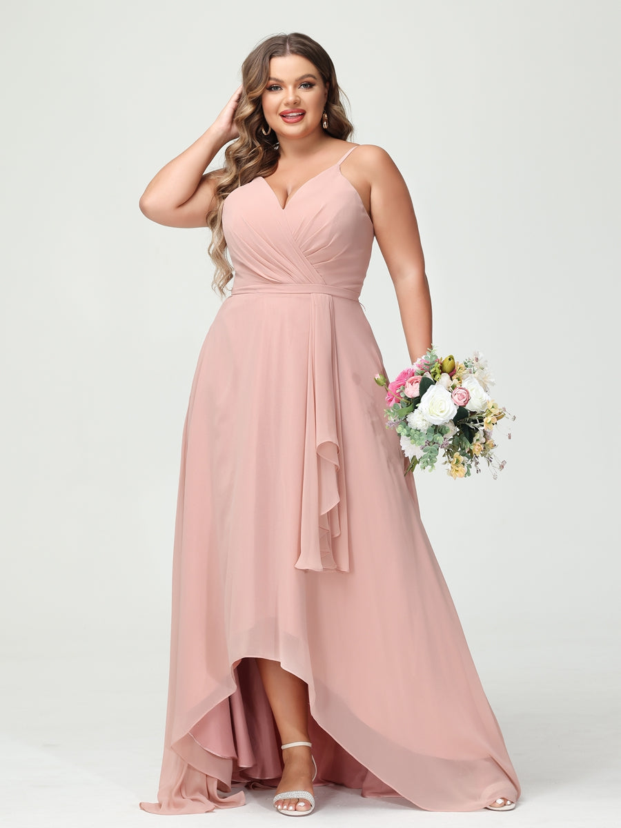 A-Line/Princess Spaghetti Straps Chiffon Ruffles Asymmetrical Plus Size Bridesmaid Dresses with Pockets As Picture