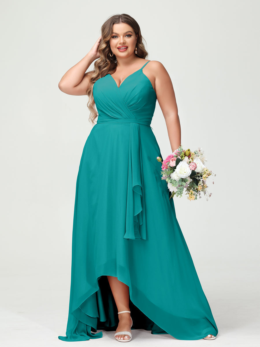 A-Line/Princess Spaghetti Straps Chiffon Ruffles Asymmetrical Plus Size Bridesmaid Dresses with Pockets Aqua Blue