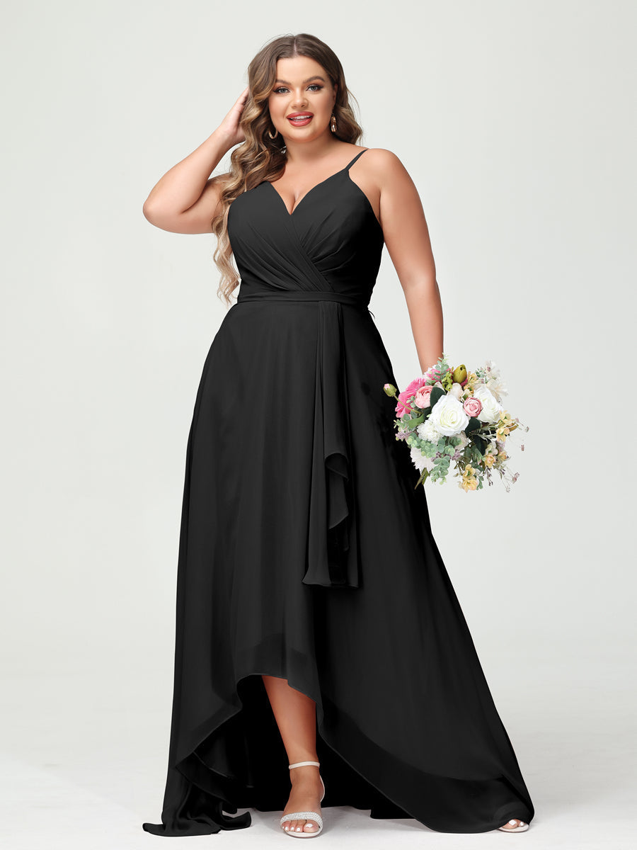 A-Line/Princess Spaghetti Straps Chiffon Ruffles Asymmetrical Plus Size Bridesmaid Dresses with Pockets Black