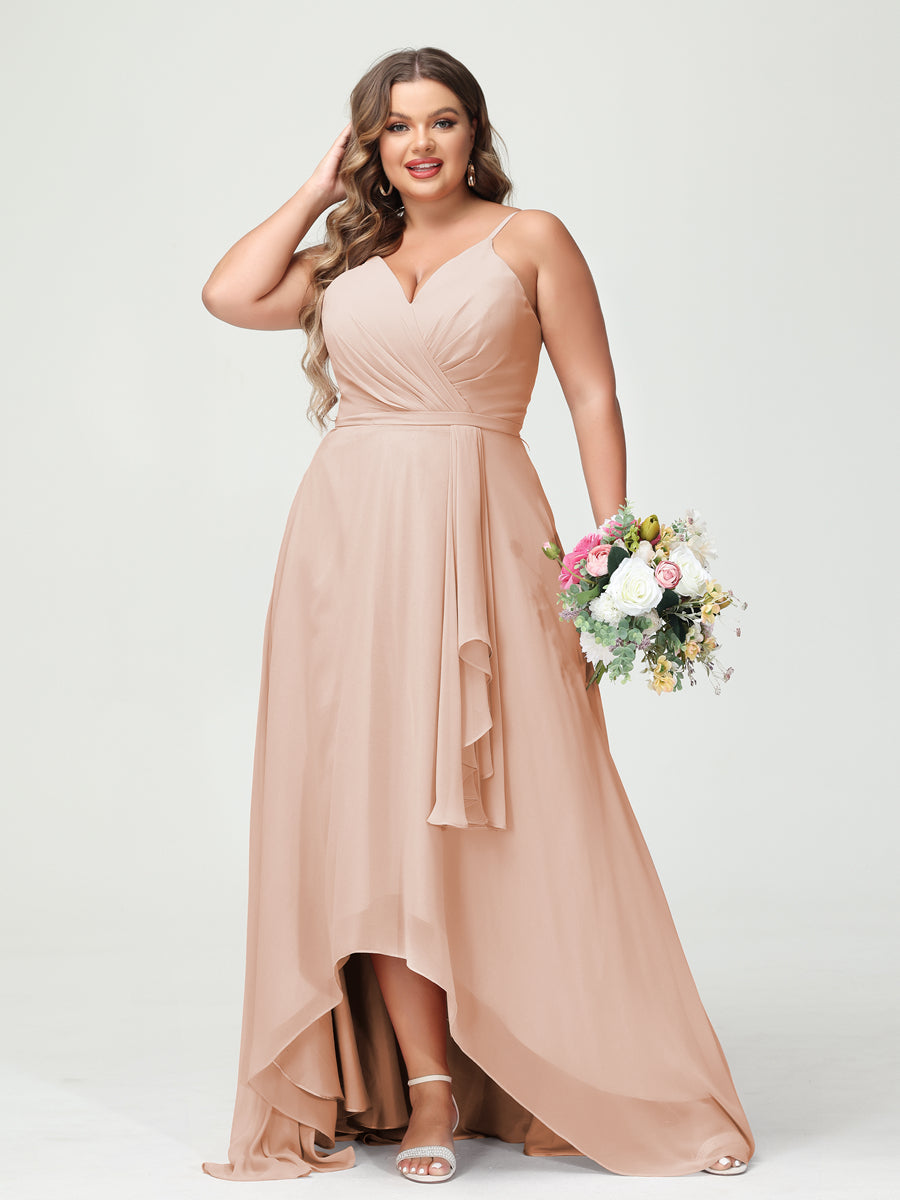 A-Line/Princess Spaghetti Straps Chiffon Ruffles Asymmetrical Plus Size Bridesmaid Dresses with Pockets Blush Pink