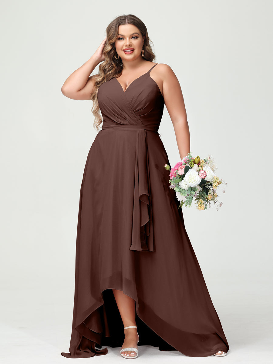 A-Line/Princess Spaghetti Straps Chiffon Ruffles Asymmetrical Plus Size Bridesmaid Dresses with Pockets Brown