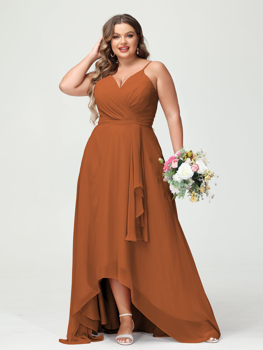 A-Line/Princess Spaghetti Straps Chiffon Ruffles Asymmetrical Plus Size Bridesmaid Dresses with Pockets Burnt Orange