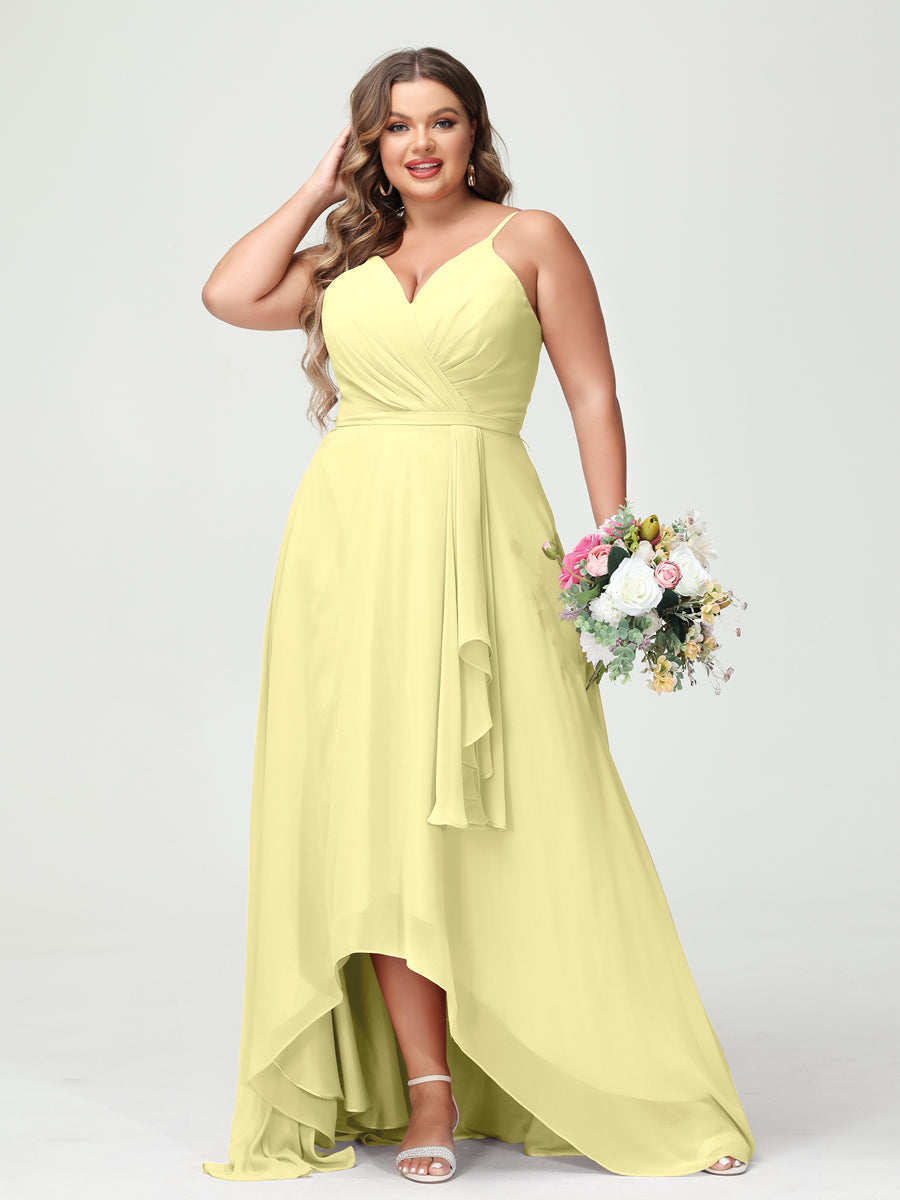 A-Line/Princess Spaghetti Straps Chiffon Ruffles Asymmetrical Plus Size Bridesmaid Dresses with Pockets Canary