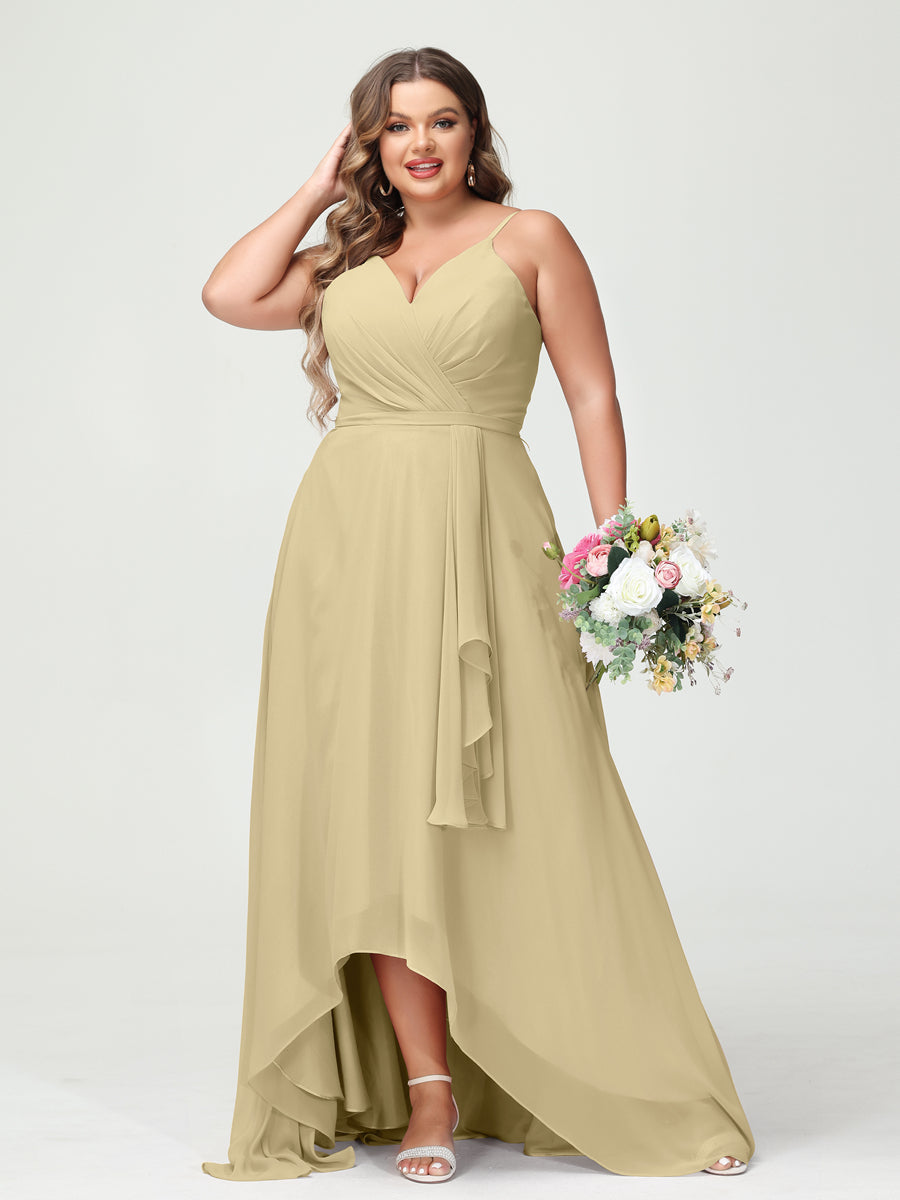 A-Line/Princess Spaghetti Straps Chiffon Ruffles Asymmetrical Plus Size Bridesmaid Dresses with Pockets Champagne