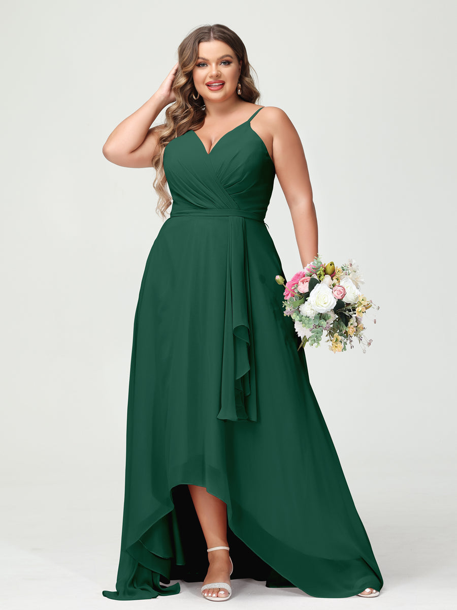 A-Line/Princess Spaghetti Straps Chiffon Ruffles Asymmetrical Plus Size Bridesmaid Dresses with Pockets Dark Green