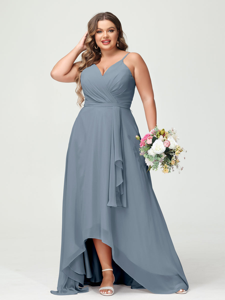 A-Line/Princess Spaghetti Straps Chiffon Ruffles Asymmetrical Plus Size Bridesmaid Dresses with Pockets Dusty Blue