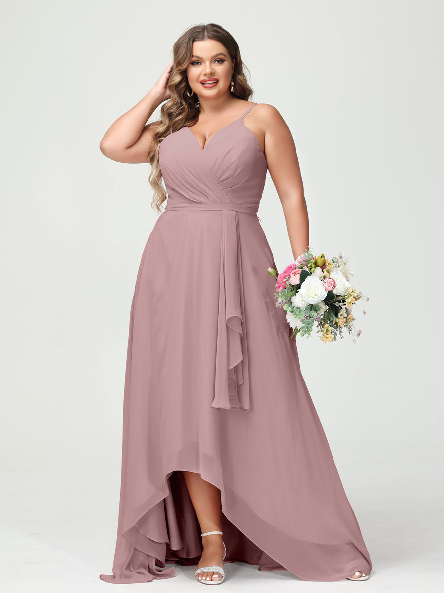 A-Line/Princess Spaghetti Straps Chiffon Ruffles Asymmetrical Plus Size Bridesmaid Dresses with Pockets Dusty Pink