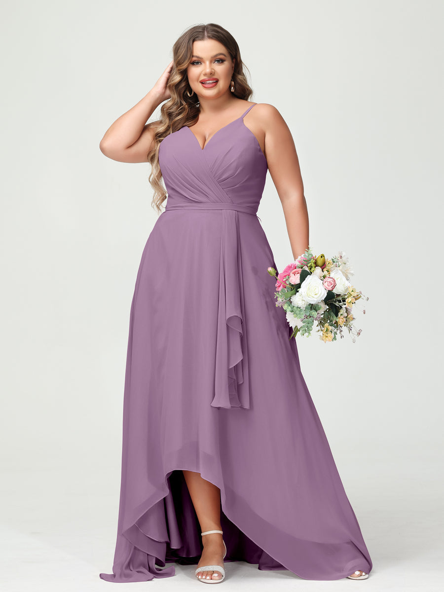 A-Line/Princess Spaghetti Straps Chiffon Ruffles Asymmetrical Plus Size Bridesmaid Dresses with Pockets Dusty Purple