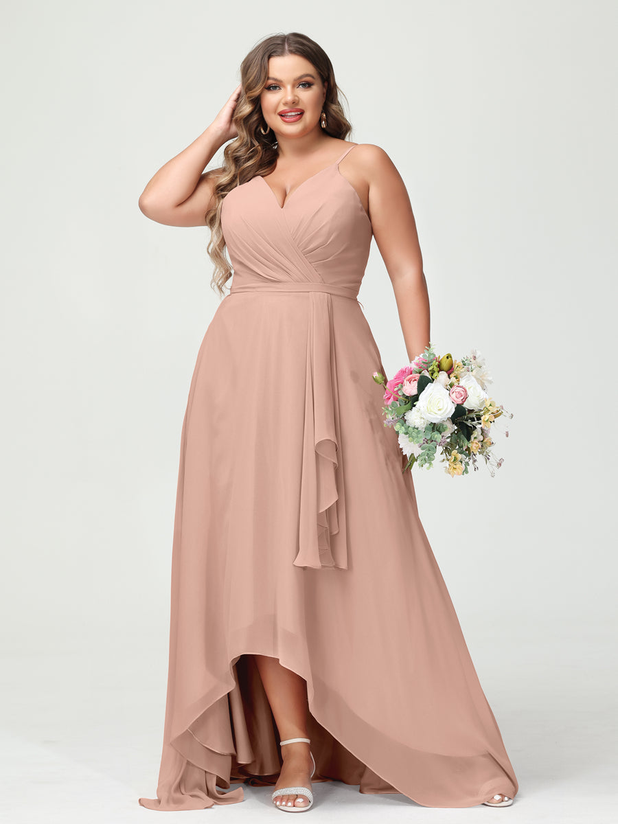 A-Line/Princess Spaghetti Straps Chiffon Ruffles Asymmetrical Plus Size Bridesmaid Dresses with Pockets Dusty Rose