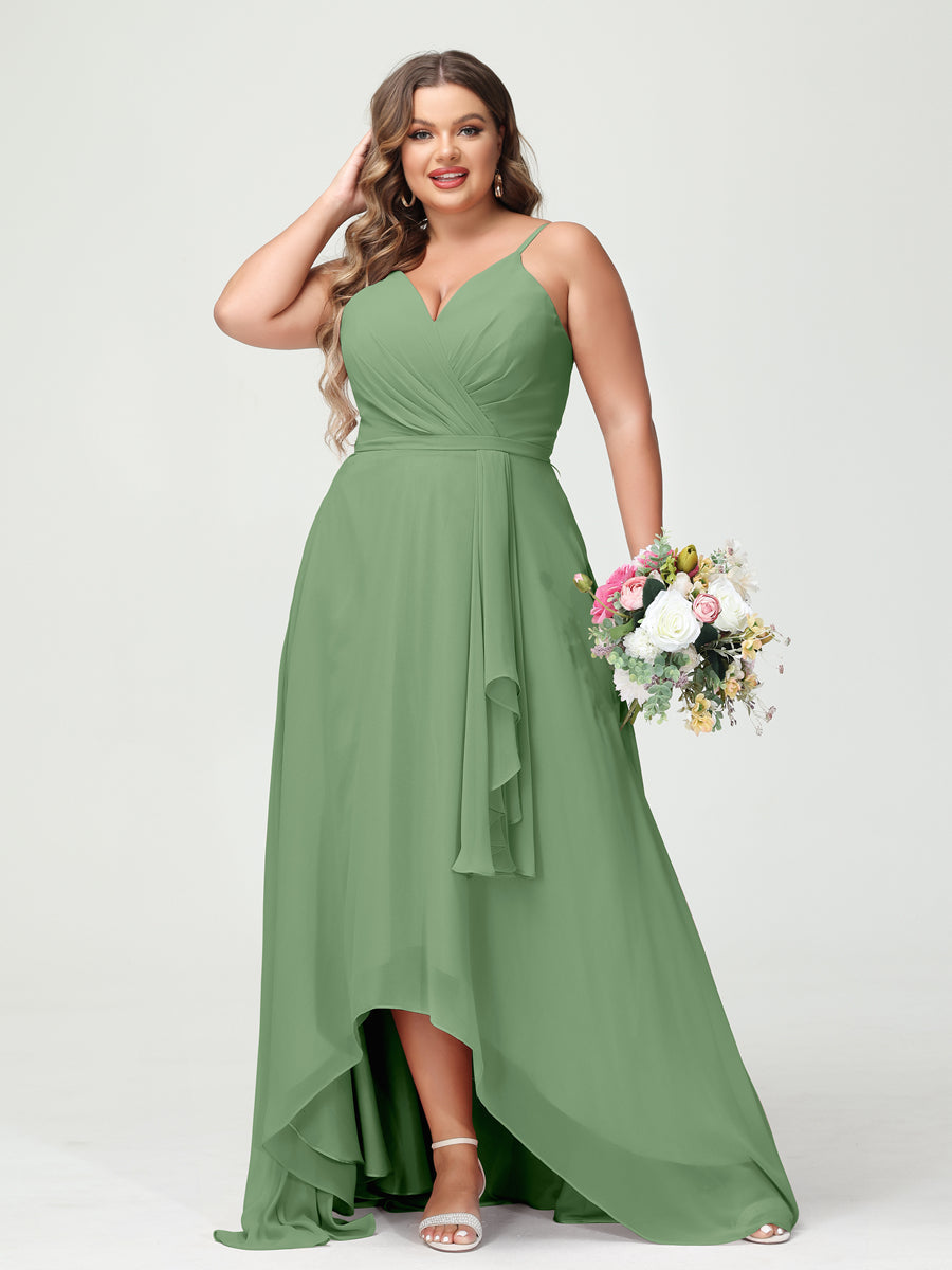 A-Line/Princess Spaghetti Straps Chiffon Ruffles Asymmetrical Plus Size Bridesmaid Dresses with Pockets Dusty Sage