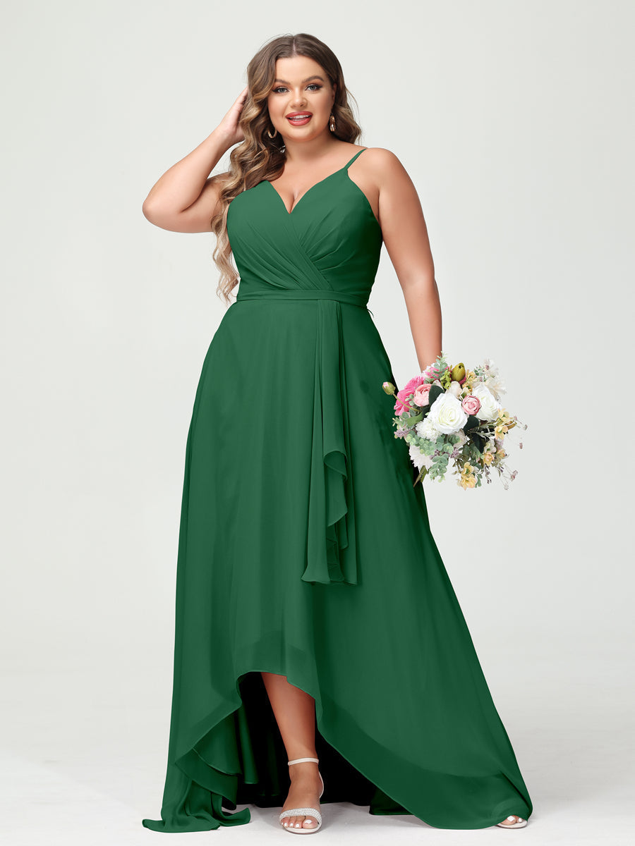 A-Line/Princess Spaghetti Straps Chiffon Ruffles Asymmetrical Plus Size Bridesmaid Dresses with Pockets Emerald