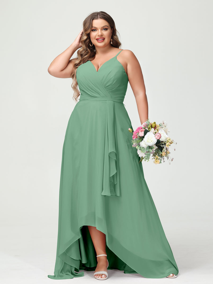 A-Line/Princess Spaghetti Straps Chiffon Ruffles Asymmetrical Plus Size Bridesmaid Dresses with Pockets Eucalyptus