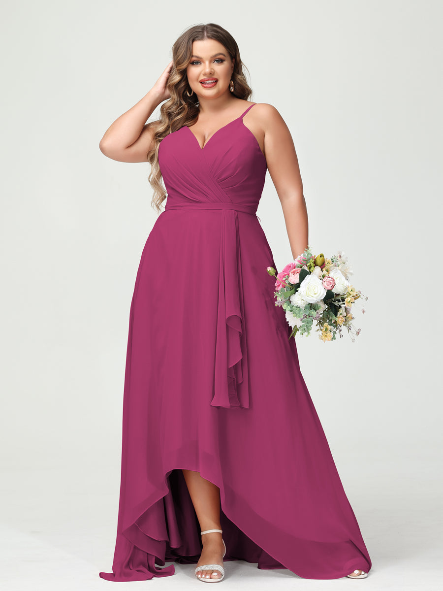 A-Line/Princess Spaghetti Straps Chiffon Ruffles Asymmetrical Plus Size Bridesmaid Dresses with Pockets Fuchsia
