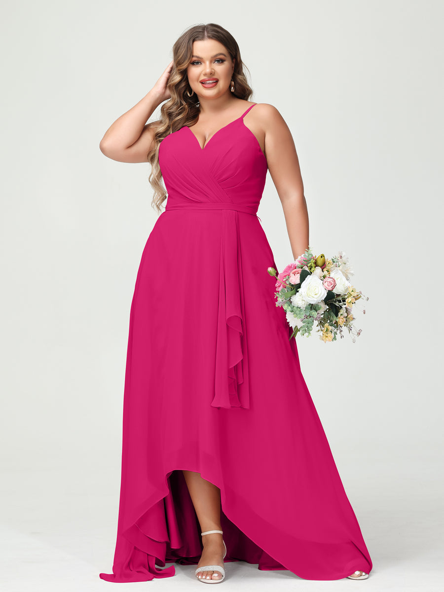 A-Line/Princess Spaghetti Straps Chiffon Ruffles Asymmetrical Plus Size Bridesmaid Dresses with Pockets Fuchsia Pink